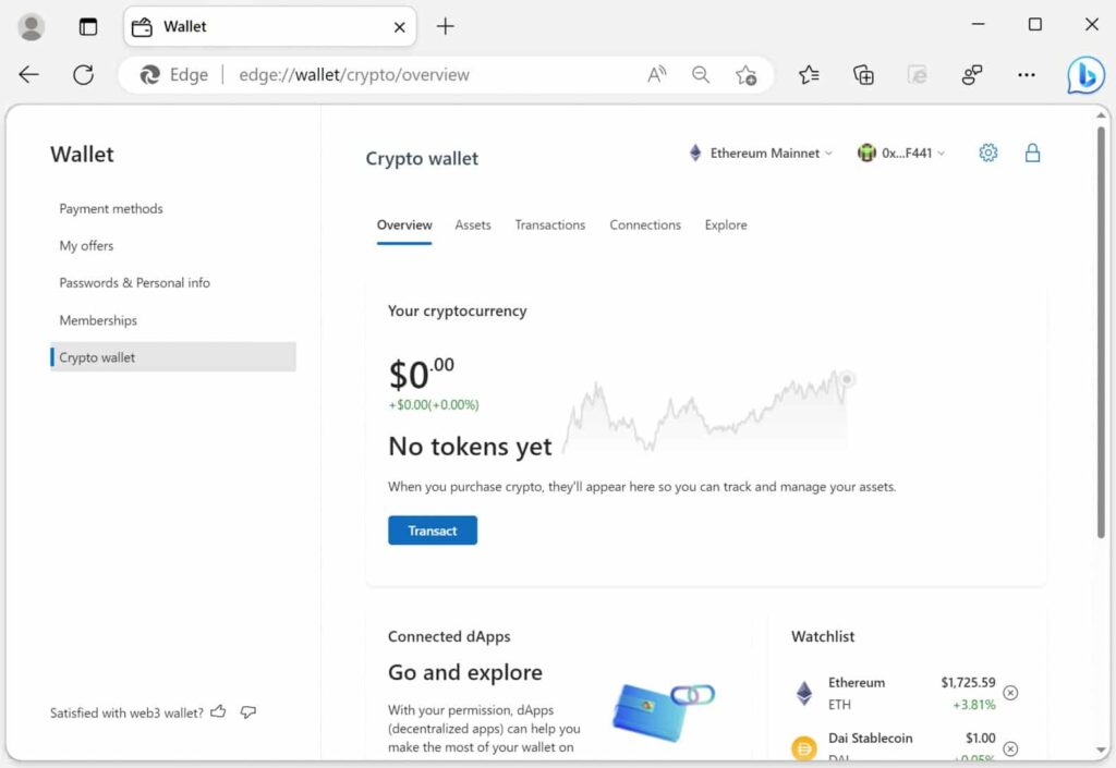 Microsoft ha nascosto un wallet di Ethereum nel suo browser Web Edge