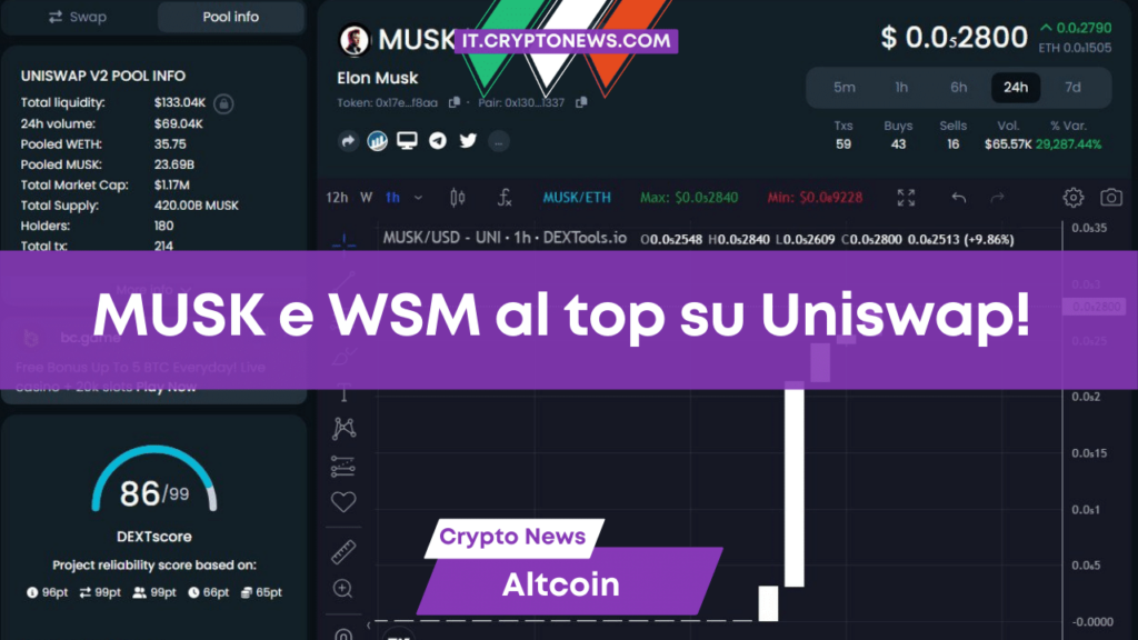 Le migliori crypto di Uniswap oggi sono MUSK e WSM!